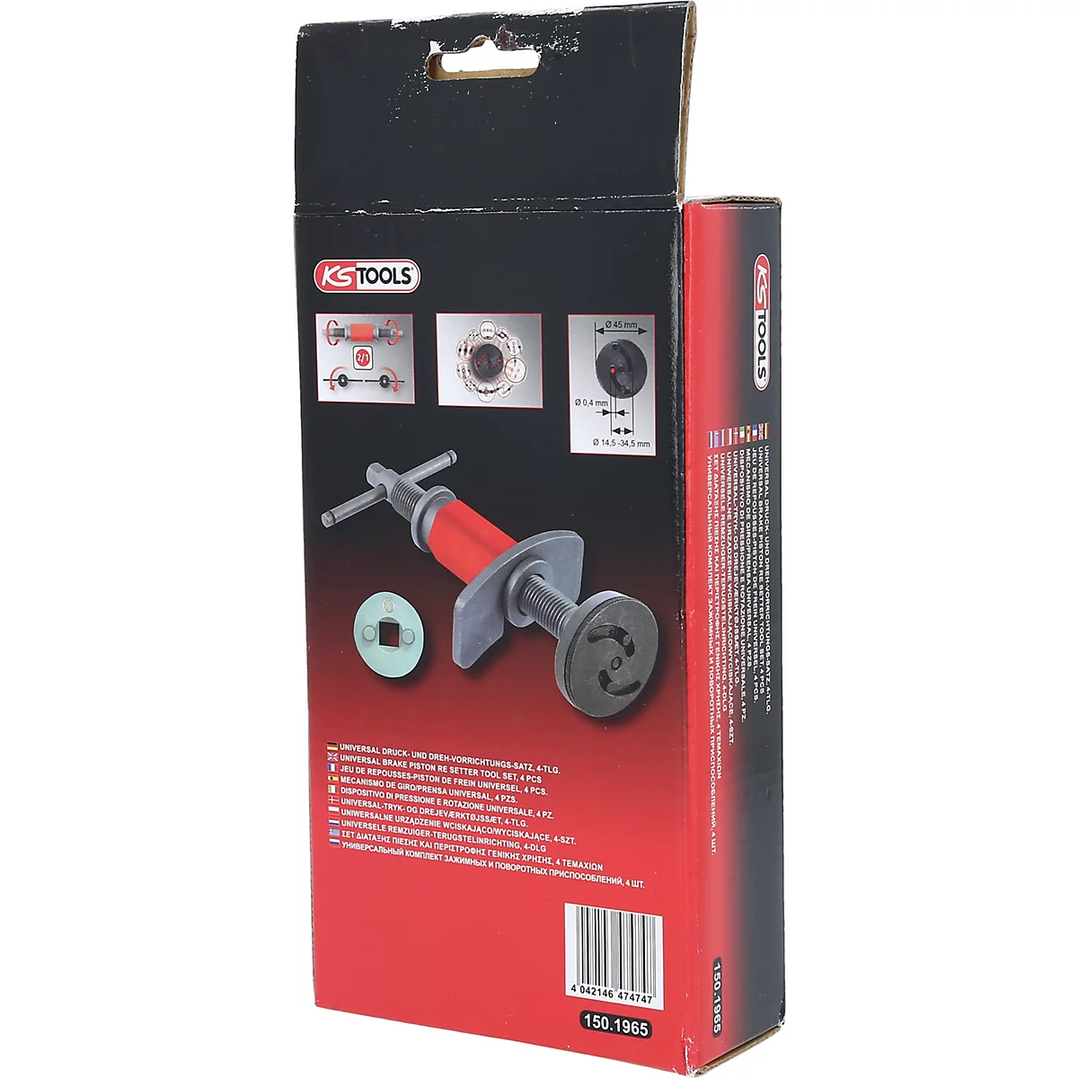 Auf einer schwarzen Box befindet sich ein rotes Werkzeug. Es ist ein Universal-Bremskolbenrücksteller. Auf der Box sind mehrere Produktabbildungen.